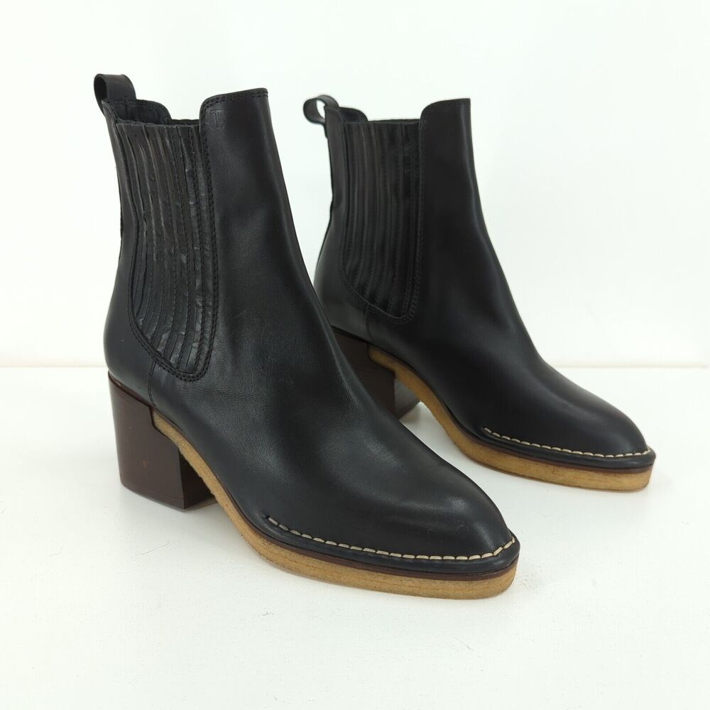 TODS Women 36.5 US 6.5 Chelsea Boots Black Leather Block Heel Pull On NEW FLAW
